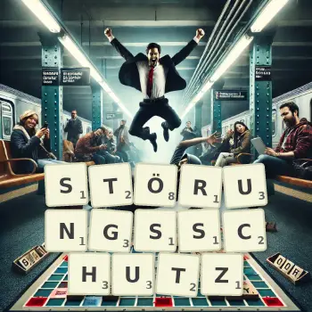 Kreative Illustration für ein Scrabble-Spiel, bei dem das Wort STÖRUNGSSCHUTZ mit Steinen auf dem Brett gelegt wurde.