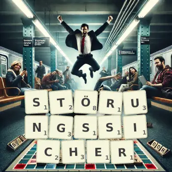 Kreative Illustration für ein Scrabble-Spiel, bei dem das Wort STÖRUNGSSICHER mit Steinen auf dem Brett gelegt wurde.
