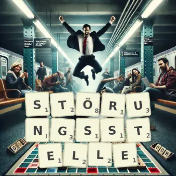 Kreative Illustration für ein Scrabble-Spiel, bei dem das Wort STÖRUNGSSTELLE mit Steinen auf dem Brett gelegt wurde.