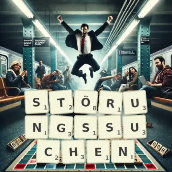 Kreative Illustration für ein Scrabble-Spiel, bei dem das Wort STÖRUNGSSUCHEN mit Steinen auf dem Brett gelegt wurde.