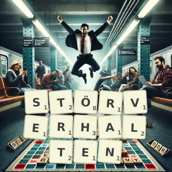 Kreative Illustration für ein Scrabble-Spiel, bei dem das Wort STÖRVERHALTEN mit Steinen auf dem Brett gelegt wurde.