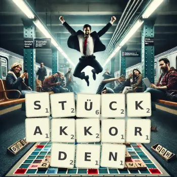 Kreative Illustration für ein Scrabble-Spiel, bei dem das Wort STÜCKAKKORDEN mit Steinen auf dem Brett gelegt wurde.