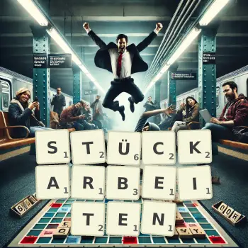 Kreative Illustration für ein Scrabble-Spiel, bei dem das Wort STÜCKARBEITEN mit Steinen auf dem Brett gelegt wurde.