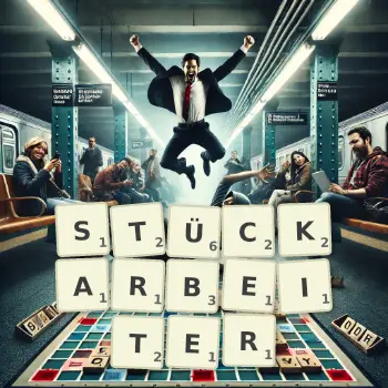Kreative Illustration für ein Scrabble-Spiel, bei dem das Wort STÜCKARBEITER mit Steinen auf dem Brett gelegt wurde.