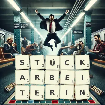 Kreative Illustration für ein Scrabble-Spiel, bei dem das Wort STÜCKARBEITERIN mit Steinen auf dem Brett gelegt wurde.