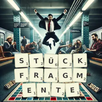 Kreative Illustration für ein Scrabble-Spiel, bei dem das Wort STÜCKFRAGMENTE mit Steinen auf dem Brett gelegt wurde.