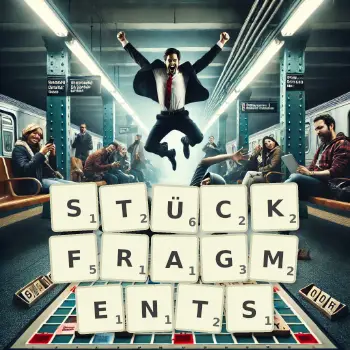 Kreative Illustration für ein Scrabble-Spiel, bei dem das Wort STÜCKFRAGMENTS mit Steinen auf dem Brett gelegt wurde.