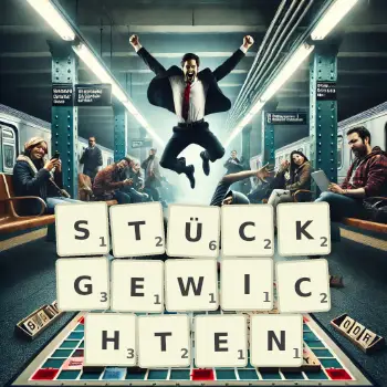 Kreative Illustration für ein Scrabble-Spiel, bei dem das Wort STÜCKGEWICHTEN mit Steinen auf dem Brett gelegt wurde.