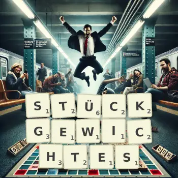 Kreative Illustration für ein Scrabble-Spiel, bei dem das Wort STÜCKGEWICHTES mit Steinen auf dem Brett gelegt wurde.