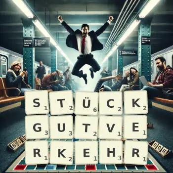 Kreative Illustration für ein Scrabble-Spiel, bei dem das Wort STÜCKGUTVERKEHR mit Steinen auf dem Brett gelegt wurde.