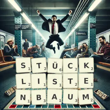 Kreative Illustration für ein Scrabble-Spiel, bei dem das Wort STÜCKLISTENBAUM mit Steinen auf dem Brett gelegt wurde.