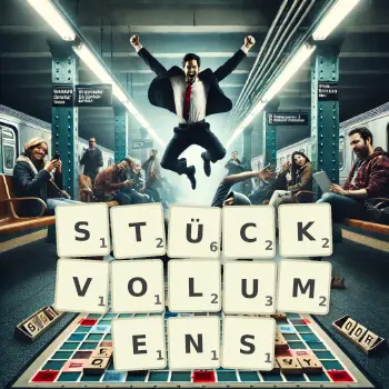 Kreative Illustration für ein Scrabble-Spiel, bei dem das Wort STÜCKVOLUMENS mit Steinen auf dem Brett gelegt wurde.