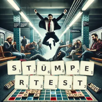 Kreative Illustration für ein Scrabble-Spiel, bei dem das Wort STÜMPERTEST mit Steinen auf dem Brett gelegt wurde.