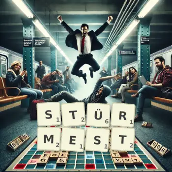 Kreative Illustration für ein Scrabble-Spiel, bei dem das Wort STÜRMEST mit Steinen auf dem Brett gelegt wurde.