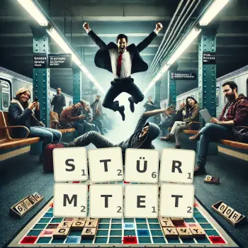 Kreative Illustration für ein Scrabble-Spiel, bei dem das Wort STÜRMTET mit Steinen auf dem Brett gelegt wurde.