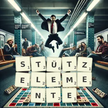Kreative Illustration für ein Scrabble-Spiel, bei dem das Wort STÜTZELEMENTE mit Steinen auf dem Brett gelegt wurde.