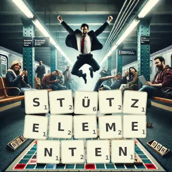 Kreative Illustration für ein Scrabble-Spiel, bei dem das Wort STÜTZELEMENTEN mit Steinen auf dem Brett gelegt wurde.