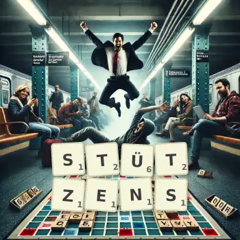Kreative Illustration für ein Scrabble-Spiel, bei dem das Wort STÜTZENS mit Steinen auf dem Brett gelegt wurde.