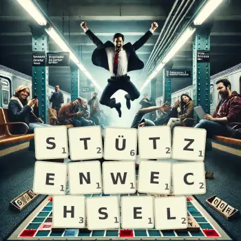 Kreative Illustration für ein Scrabble-Spiel, bei dem das Wort STÜTZENWECHSEL mit Steinen auf dem Brett gelegt wurde.