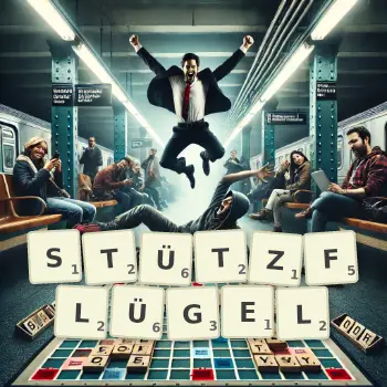 Kreative Illustration für ein Scrabble-Spiel, bei dem das Wort STÜTZFLÜGEL mit Steinen auf dem Brett gelegt wurde.