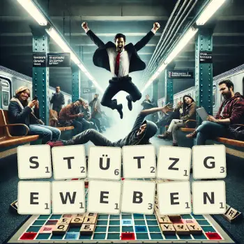 Kreative Illustration für ein Scrabble-Spiel, bei dem das Wort STÜTZGEWEBEN mit Steinen auf dem Brett gelegt wurde.