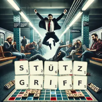 Kreative Illustration für ein Scrabble-Spiel, bei dem das Wort STÜTZGRIFF mit Steinen auf dem Brett gelegt wurde.