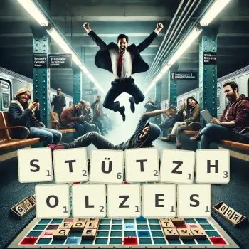 Kreative Illustration für ein Scrabble-Spiel, bei dem das Wort STÜTZHOLZES mit Steinen auf dem Brett gelegt wurde.
