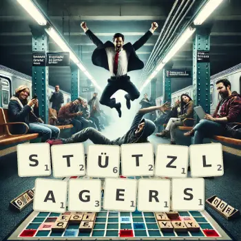 Kreative Illustration für ein Scrabble-Spiel, bei dem das Wort STÜTZLAGERS mit Steinen auf dem Brett gelegt wurde.