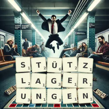 Kreative Illustration für ein Scrabble-Spiel, bei dem das Wort STÜTZLAGERUNGEN mit Steinen auf dem Brett gelegt wurde.