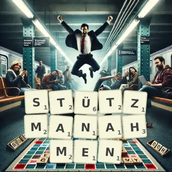 Kreative Illustration für ein Scrabble-Spiel, bei dem das Wort STÜTZMANAHMEN mit Steinen auf dem Brett gelegt wurde.