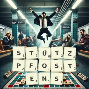 Kreative Illustration für ein Scrabble-Spiel, bei dem das Wort STÜTZPFOSTENS mit Steinen auf dem Brett gelegt wurde.