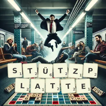 Kreative Illustration für ein Scrabble-Spiel, bei dem das Wort STÜTZPLATTE mit Steinen auf dem Brett gelegt wurde.