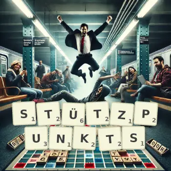 Kreative Illustration für ein Scrabble-Spiel, bei dem das Wort STÜTZPUNKTS mit Steinen auf dem Brett gelegt wurde.