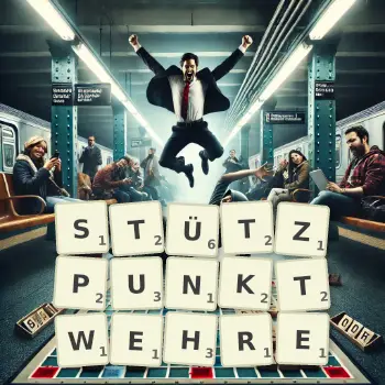 Kreative Illustration für ein Scrabble-Spiel, bei dem das Wort STÜTZPUNKTWEHRE mit Steinen auf dem Brett gelegt wurde.