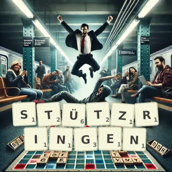 Kreative Illustration für ein Scrabble-Spiel, bei dem das Wort STÜTZRINGEN mit Steinen auf dem Brett gelegt wurde.