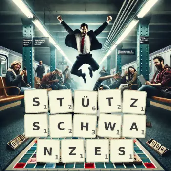 Kreative Illustration für ein Scrabble-Spiel, bei dem das Wort STÜTZSCHWANZES mit Steinen auf dem Brett gelegt wurde.