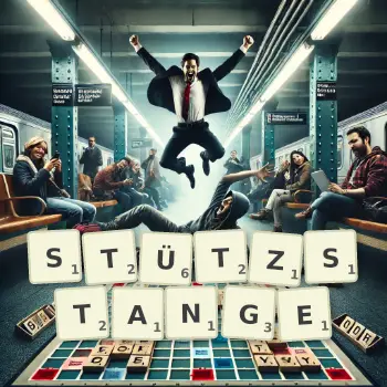 Kreative Illustration für ein Scrabble-Spiel, bei dem das Wort STÜTZSTANGE mit Steinen auf dem Brett gelegt wurde.