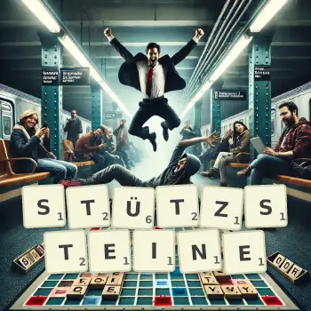 Kreative Illustration für ein Scrabble-Spiel, bei dem das Wort STÜTZSTEINE mit Steinen auf dem Brett gelegt wurde.