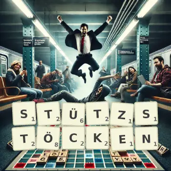 Kreative Illustration für ein Scrabble-Spiel, bei dem das Wort STÜTZSTÖCKEN mit Steinen auf dem Brett gelegt wurde.
