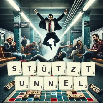Kreative Illustration für ein Scrabble-Spiel, bei dem das Wort STÜTZTUNNEL mit Steinen auf dem Brett gelegt wurde.