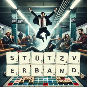 Kreative Illustration für ein Scrabble-Spiel, bei dem das Wort STÜTZVERBAND mit Steinen auf dem Brett gelegt wurde.