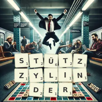 Kreative Illustration für ein Scrabble-Spiel, bei dem das Wort STÜTZZYLINDER mit Steinen auf dem Brett gelegt wurde.