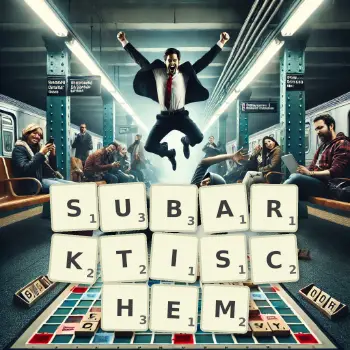 Kreative Illustration für ein Scrabble-Spiel, bei dem das Wort SUBARKTISCHEM mit Steinen auf dem Brett gelegt wurde.