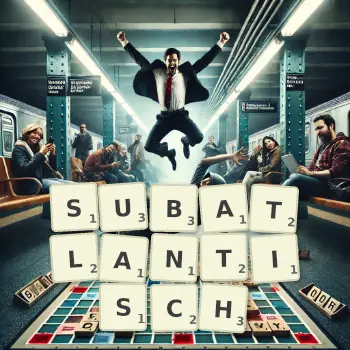 Kreative Illustration für ein Scrabble-Spiel, bei dem das Wort SUBATLANTISCH mit Steinen auf dem Brett gelegt wurde.