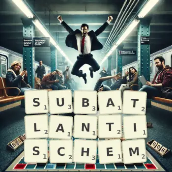 Kreative Illustration für ein Scrabble-Spiel, bei dem das Wort SUBATLANTISCHEM mit Steinen auf dem Brett gelegt wurde.