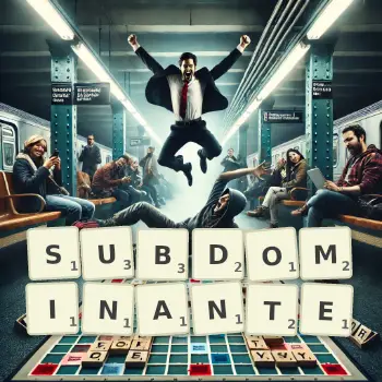 Kreative Illustration für ein Scrabble-Spiel, bei dem das Wort SUBDOMINANTE mit Steinen auf dem Brett gelegt wurde.