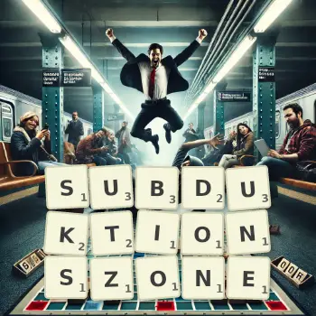 Kreative Illustration für ein Scrabble-Spiel, bei dem das Wort SUBDUKTIONSZONE mit Steinen auf dem Brett gelegt wurde.