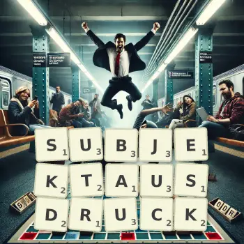 Kreative Illustration für ein Scrabble-Spiel, bei dem das Wort SUBJEKTAUSDRUCK mit Steinen auf dem Brett gelegt wurde.