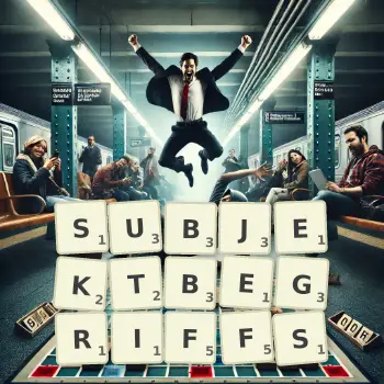 Kreative Illustration für ein Scrabble-Spiel, bei dem das Wort SUBJEKTBEGRIFFS mit Steinen auf dem Brett gelegt wurde.