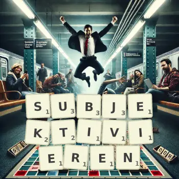 Kreative Illustration für ein Scrabble-Spiel, bei dem das Wort SUBJEKTIVIEREN mit Steinen auf dem Brett gelegt wurde.